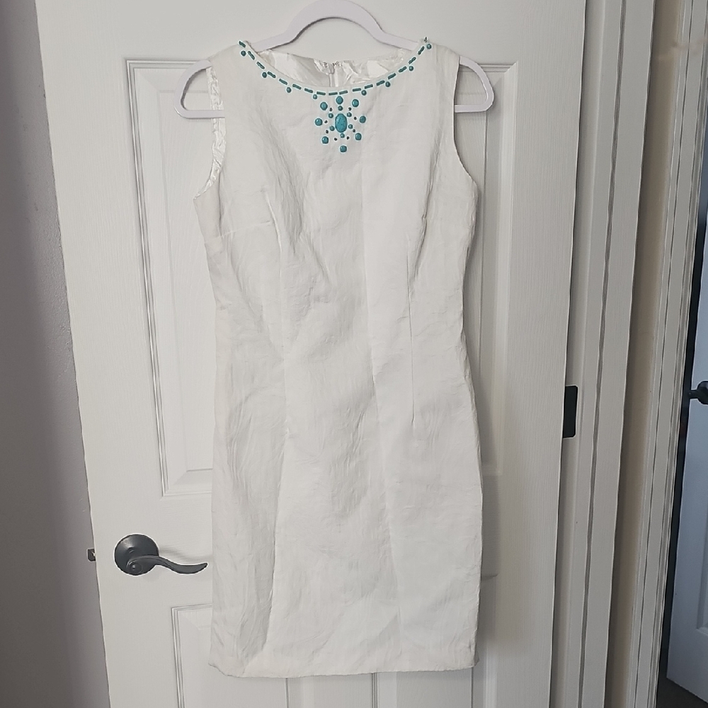 Studio I White Dress with Teal Embellishments